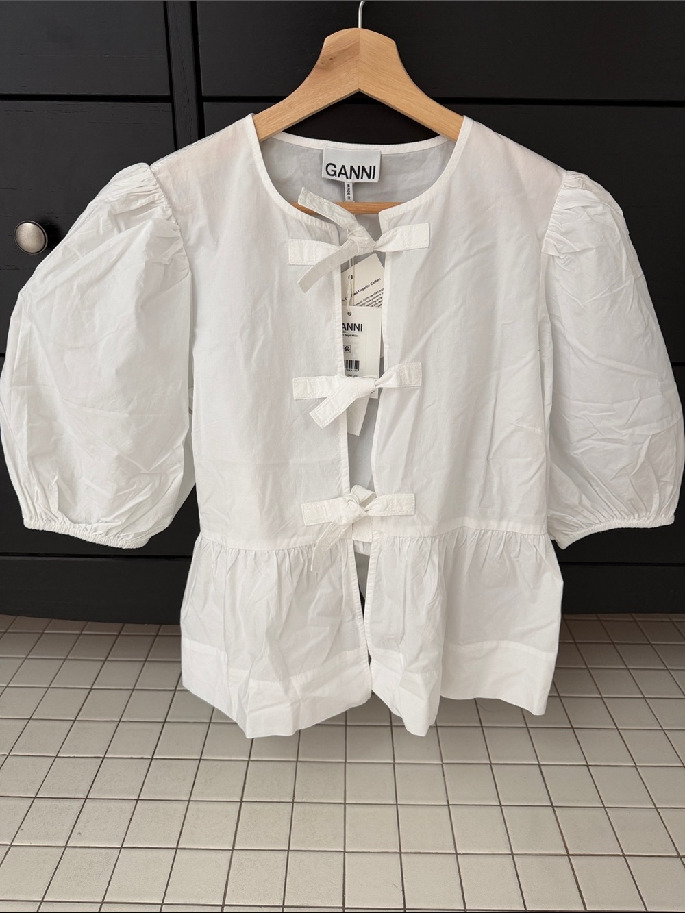 Ganni White Cotton Puff-Sleeve Tie-Front Peplum Top size 36 NWT